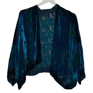 Cocoon House OS Short Kimono Silk Blend Artsy Topper Burn Out Velvet Blue Floral